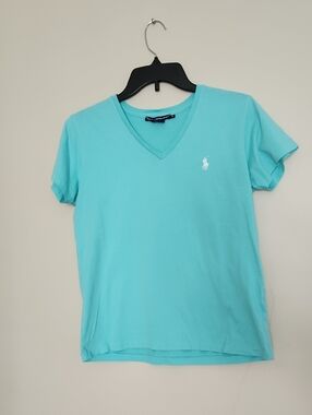Ralph Lauren Short Sleeve V-Neck Tee in Light Aqua, M